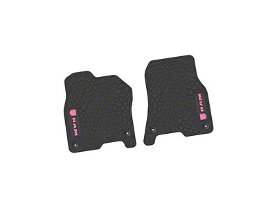 Factory Floorpan Fit Tire Tread/Scorched Earth Scene Front Floor Mats with Pink RAM Logo and Text Insert; Black (19-24 RAM 1500)