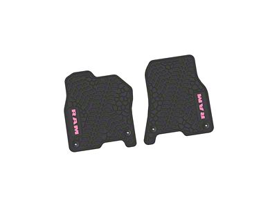Factory Floorpan Fit Tire Tread/Scorched Earth Scene Front Floor Mats with Pink RAM Logo and Text Insert; Black (19-24 RAM 1500)
