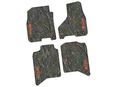 FLEXTREAD Factory Floorpan Fit Tire Tread/Scorched Earth Scene Front and Rear Floor Mats with Orange RAM Logo and Text Insert; Rugged Woods (19-24 RAM 2500 Crew Cab)