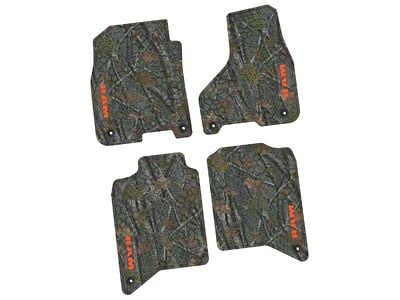 FLEXTREAD Factory Floorpan Fit Tire Tread/Scorched Earth Scene Front and Rear Floor Mats with Orange RAM Text Insert; Rugged Woods (19-24 RAM 2500 Crew Cab)