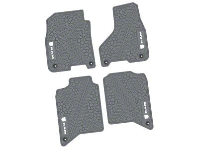 FLEXTREAD Factory Floorpan Fit Tire Tread/Scorched Earth Scene Front and Rear Floor Mats with White RAM Logo and Text Insert; Grey (19-24 RAM 2500 Crew Cab)
