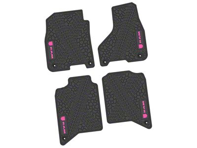 FLEXTREAD Factory Floorpan Fit Tire Tread/Scorched Earth Scene Front and Rear Floor Mats with Pink RAM Logo and Text Insert; Black (19-24 RAM 2500 Crew Cab)