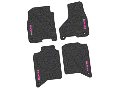 FLEXTREAD Factory Floorpan Fit Tire Tread/Scorched Earth Scene Front and Rear Floor Mats with Pink RAM Logo and Text Insert; Black (19-24 RAM 2500 Crew Cab)
