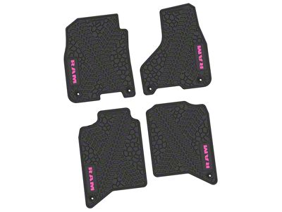 Factory Floorpan Fit Tire Tread/Scorched Earth Scene Front and Rear Floor Mats with Pink RAM Logo and Text Insert; Black (19-24 RAM 2500 Crew Cab)