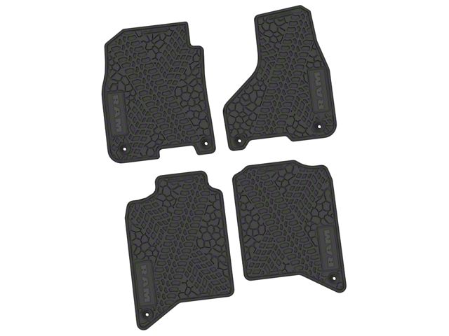 FLEXTREAD Factory Floorpan Fit Tire Tread/Scorched Earth Scene Front and Rear Floor Mats with RAM Text - Black RAM Text Insert; Black (19-24 RAM 2500 Crew Cab)