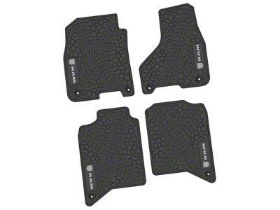 Factory Floorpan Fit Tire Tread/Scorched Earth Scene Front and Rear Floor Mats with Silver RAM Logo and Text Insert; Black (19-24 RAM 2500 Crew Cab)