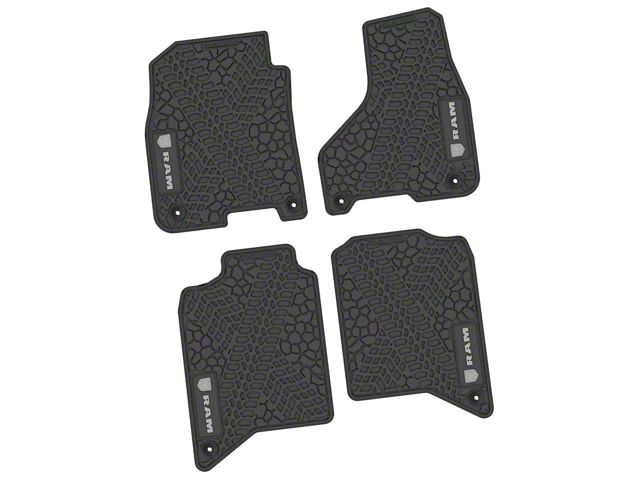 FLEXTREAD Factory Floorpan Fit Tire Tread/Scorched Earth Scene Front and Rear Floor Mats with Silver RAM Logo and Text Insert; Black (19-24 RAM 2500 Crew Cab)