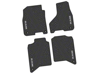 Factory Floorpan Fit Tire Tread/Scorched Earth Scene Front and Rear Floor Mats with Silver RAM Logo and Text Insert; Black (19-24 RAM 2500 Crew Cab)