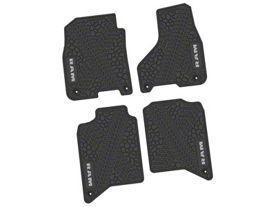 FLEXTREAD Factory Floorpan Fit Tire Tread/Scorched Earth Scene Front and Rear Floor Mats with Silver RAM Logo and Text Insert; Black (19-24 RAM 2500 Crew Cab)