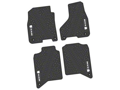FLEXTREAD Factory Floorpan Fit Tire Tread/Scorched Earth Scene Front and Rear Floor Mats with White RAM Logo and Text Insert; Black (19-24 RAM 2500 Crew Cab)