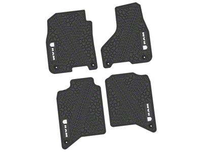Factory Floorpan Fit Tire Tread/Scorched Earth Scene Front and Rear Floor Mats with White RAM Logo and Text Insert; Black (19-24 RAM 2500 Crew Cab)
