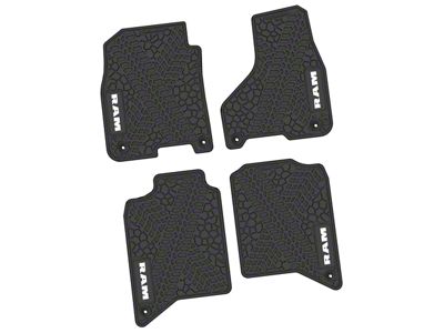 FLEXTREAD Factory Floorpan Fit Tire Tread/Scorched Earth Scene Front and Rear Floor Mats with White RAM Logo and Text Insert; Black (19-24 RAM 2500 Crew Cab)