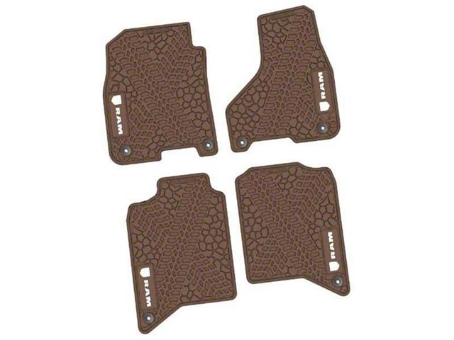 FLEXTREAD Factory Floorpan Fit Tire Tread/Scorched Earth Scene Front and Rear Floor Mats with White RAM Logo and Text Insert; Brown (19-24 RAM 3500 Crew Cab)