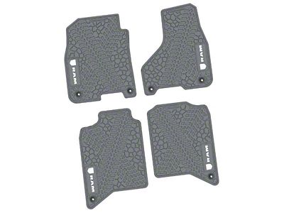 Factory Floorpan Fit Tire Tread/Scorched Earth Scene Front and Rear Floor Mats with White RAM Logo and Text Insert; Grey (19-24 RAM 3500 Crew Cab)