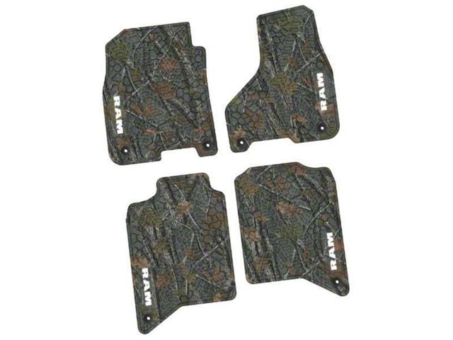 FLEXTREAD Factory Floorpan Fit Tire Tread/Scorched Earth Scene Front and Rear Floor Mats with White RAM Text Insert; Rugged Woods (19-24 RAM 3500 Crew Cab)