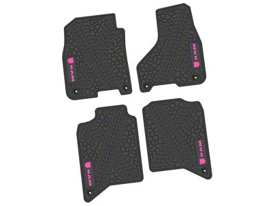 Factory Floorpan Fit Tire Tread/Scorched Earth Scene Front and Rear Floor Mats with Pink RAM Logo and Text Insert; Black (19-24 RAM 3500 Crew Cab)