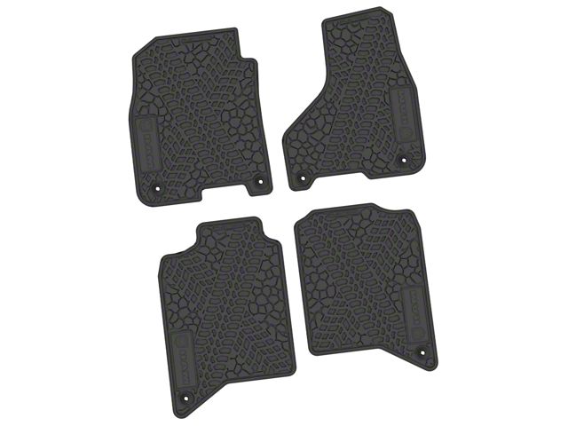 FLEXTREAD Factory Floorpan Fit Tire Tread/Scorched Earth Scene Front and Rear Floor Mats with RAM Logo and Text Insert; Black (19-24 RAM 3500 Crew Cab)