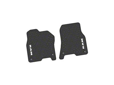 FLEXTREAD Factory Floorpan Fit Tire Tread/Scorched Earth Scene Front Floor Mats with White RAM Logo and Text Insert; Black (19-24 RAM 3500)