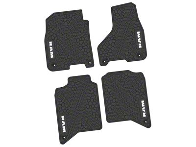 Factory Floorpan Fit Tire Tread/Scorched Earth Scene Front and Rear Floor Mats with White RAM Logo and Text Insert; Black (19-24 RAM 3500 Crew Cab)