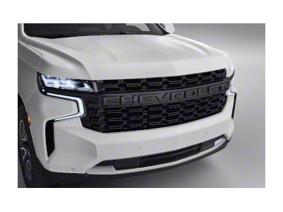 GM Upper Replacement Grille with Chevrolet Script; Black (21-23 Tahoe w/ HD Surround Vision Camar)