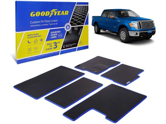 Goodyear Car Accessories Custom Fit Front and Rear Floor Liners; Black/Blue (09-14 F-150 SuperCrew)