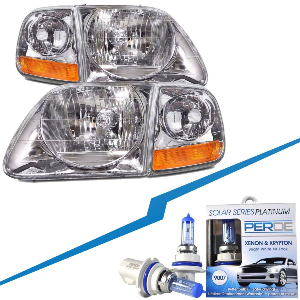 Headlights Depot Lightning Style Headlights with Bulbs; Chrome Housing; Clear Lens (97-03 F-150)