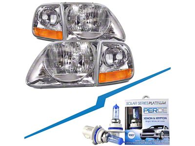 Headlights Depot Lightning Style Headlights with Bulbs; Chrome Housing; Clear Lens (97-03 F-150)