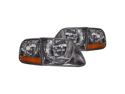 Headlights Depot Lightning Style Headlights; Chrome Housing; Smoked Lens (97-03 F-150)