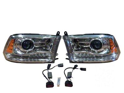 Infotainment Factory Projector LED BiHalogen Headlights; Chrome Housing; Clear Lens (13-18 RAM 1500 w/ Factory Halogen Quad Headlights)