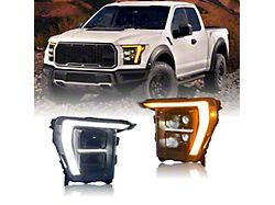 JC April F Style LED Headlights with Amber DRL; Black Housing; Clear Lens (21-23 F-150 w/ Factory Halogen Headslights)