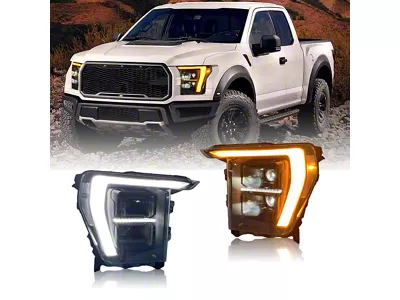JC April F Style LED Headlights with Amber DRL; Black Housing; Clear Lens (21-23 F-150 w/ Factory Halogen Headslights)