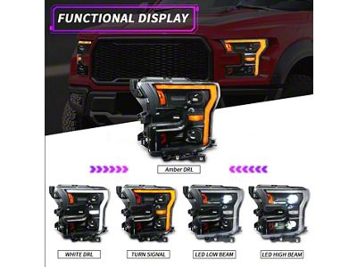 JC April Lightning Style LED Headlights with White and Amber DRL; Black Housing; Clear Lens (15-17 F-150; 18-20 F-150 Raptor)