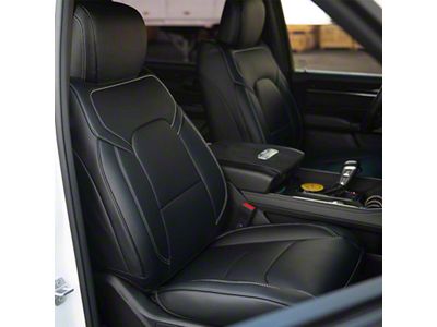 Premium Artificial Leather Front and Rear Seat Covers; All Black with Double Hex Stitch Accent (21-24 RAM 1500 TRX)