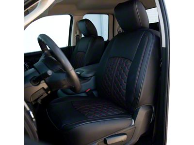 Kustom Interior Premium Artificial Leather Front and Rear Seat Covers; All Black with Red Stitching Honeycomb Accent (13-18 RAM 1500 Crew Cab w/ Bucket Seats, Excluding Laramie & Limited)