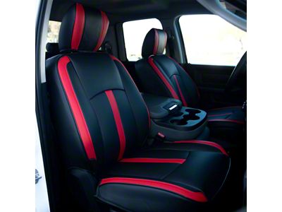 Kustom Interior Premium Artificial Leather Front and Rear Seat Covers; Black with Red Accent (13-18 RAM 1500 Crew Cab w/ Bucket Seats, Excluding Laramie & Limited)