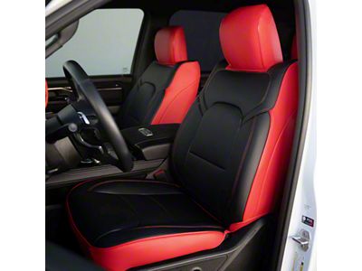 Premium Artificial Leather Front and Rear Seat Covers; Red with Black Front Face (21-24 RAM 1500 TRX)