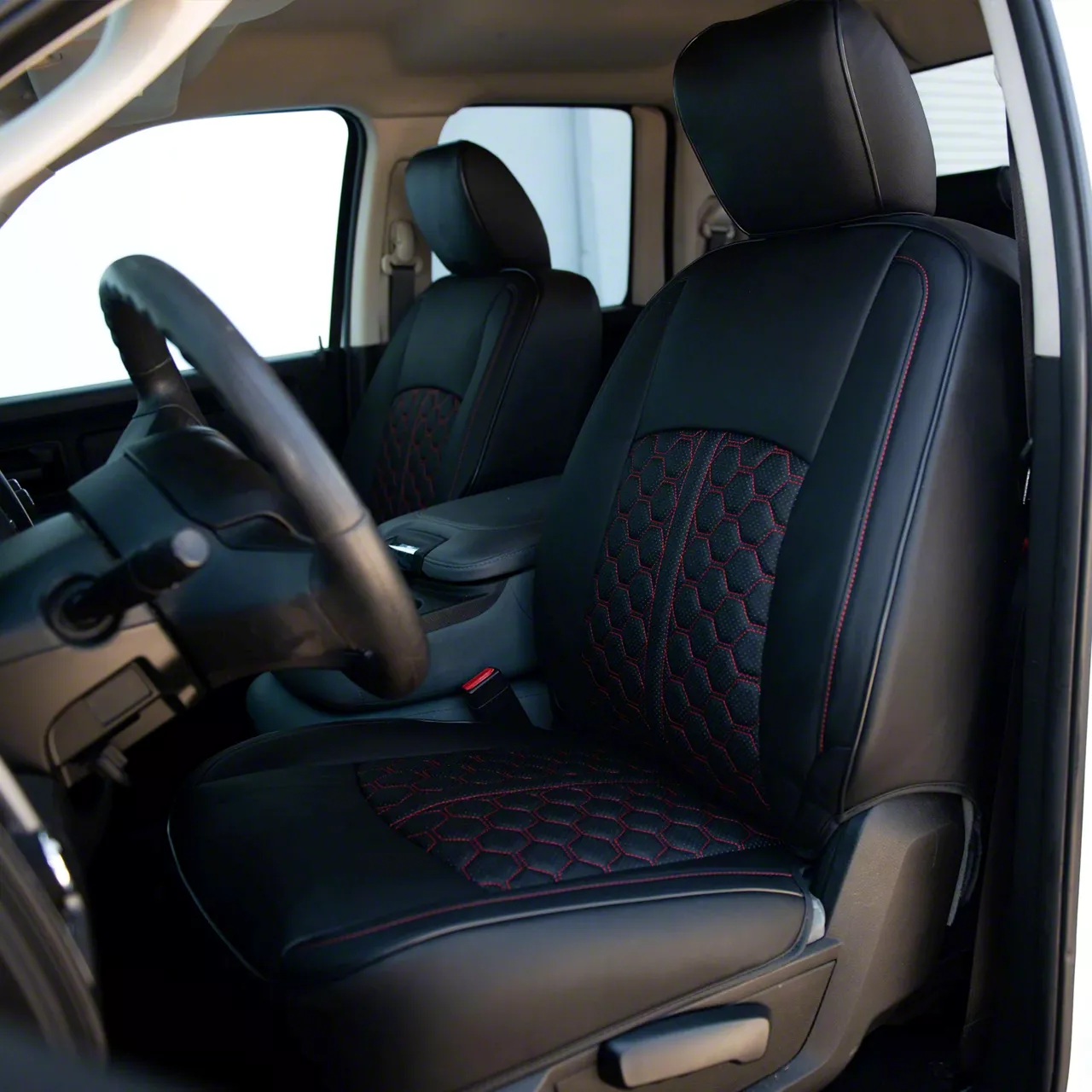 Premium Artificial Leather Front and Rear Seat Covers All Black with Red Stitching Honeycomb Accent 13 18 RAM 2500 Crew Cab w Bucket Seats