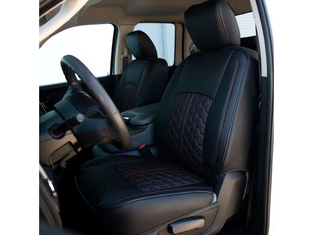 Kustom Interior Premium Artificial Leather Front and Rear Seat Covers; All Black with Red Stitching Honeycomb Accent (13-18 RAM 2500 Crew Cab w/ Bucket Seats, Excluding Laramie & Limited)
