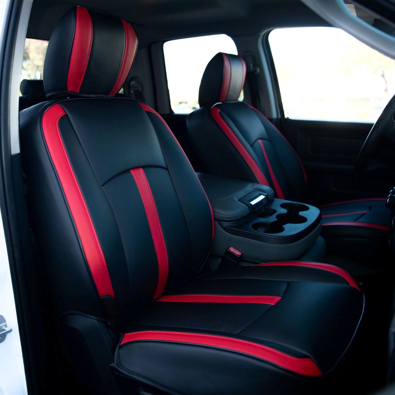 Kustom Interior RAM 2500 Premium Artificial Leather Front and Rear Seat Covers; Black with Red