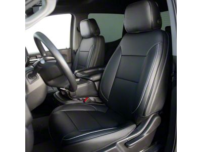 Premium Artificial Leather Front Seat Covers; All Black with White Stitching (19-25 Sierra 1500 Double Cab, Crew Cab w/ Bench Seat)
