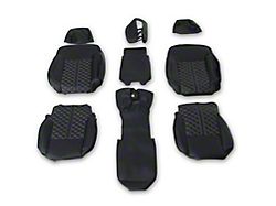 Premium Artificial Leather Front and Rear Seat Covers; All Black with Honeycomb Accent (19-25 Sierra 1500 Double Cab, Crew Cab w/ Bench Seat & w/o Rear Seat Armrest)