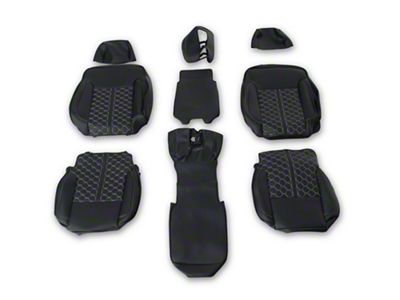 Premium Artificial Leather Front and Rear Seat Covers; All Black with Honeycomb Accent (19-25 Silverado 1500 Double Cab, Crew Cab w/ Bench Seat & w/o Rear Seat Armrest)