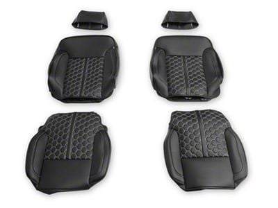 Premium Artificial Leather Front and Rear Seat Covers; All Black with Honeycomb Accent (19-25 Silverado 1500 Double Cab, Crew Cab w/ Bench Seat & Rear Seat Armrest)