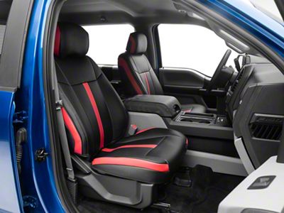Premium Artificial Leather Front and Rear Seat Covers; Black with Red Wing Accent (15-20 F-150 SuperCrew w/ Bucket Seats)