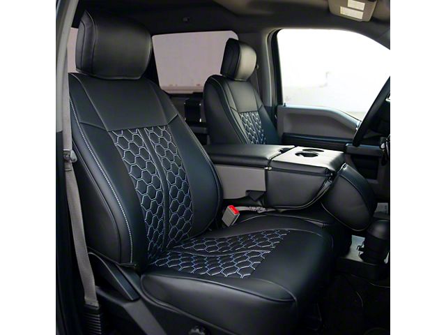 Kustom Interior Premium Artificial Leather Front and Rear Seat Covers; All Black with Honeycomb Accent (17-22 F-350 Super Duty SuperCab, SuperCrew w/ Bench Seat)