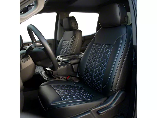 Kustom Interior Premium Artificial Leather Front and Rear Seat Covers; All Black With Honeycomb Accent (19-24 Sierra 1500 Crew Cab w/ Bucket Seats)