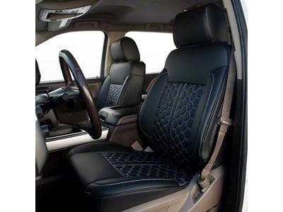 Kustom Interior Premium Artificial Leather Front and Rear Seat Covers; All Black With Honeycomb Accent (14-18 Sierra 1500 Crew Cab w/ Rear Seat Armrest)