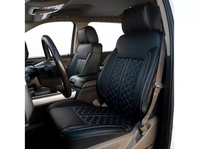 Kustom Interior Premium Artificial Leather Front Seat Covers; All Black With Honeycomb Accent (14-18 Silverado 1500)