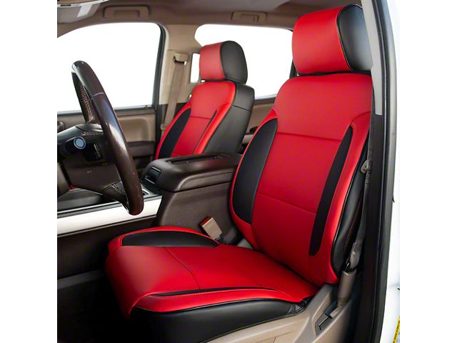Kustom Interior Premium Artificial Leather Front Seat Covers; Black with Red Front Face (14-18 Silverado 1500)