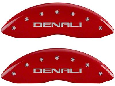 MGP Brake Caliper Covers with Denali Logo; Red; Front and Rear (99-06 2WD Sierra 1500 w/ Single Piston Rear Calipers)
